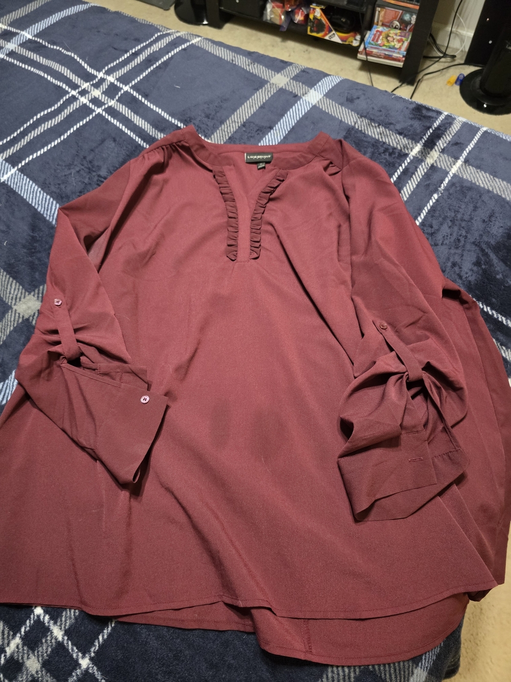 Lane Bryant Women's Burgundy Ruffle V-Neck Button Sleeve Blouse
